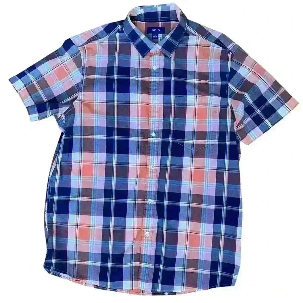 APT 9 Men’s Large Short Sleeve Button Down Plaid Orange Navy Cotton Pocket
